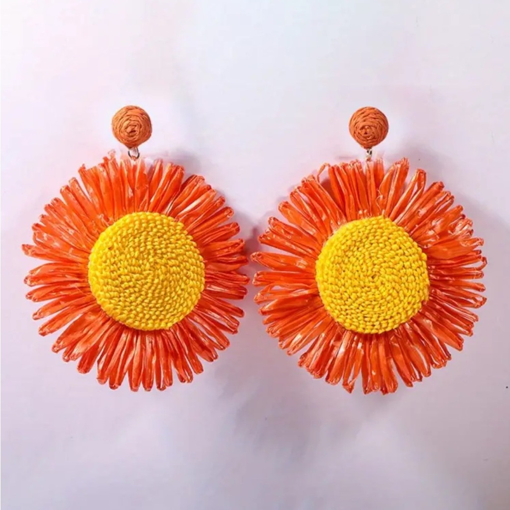 Orange Statement Raffia Grass Braided Sunflower Dangle Earrings